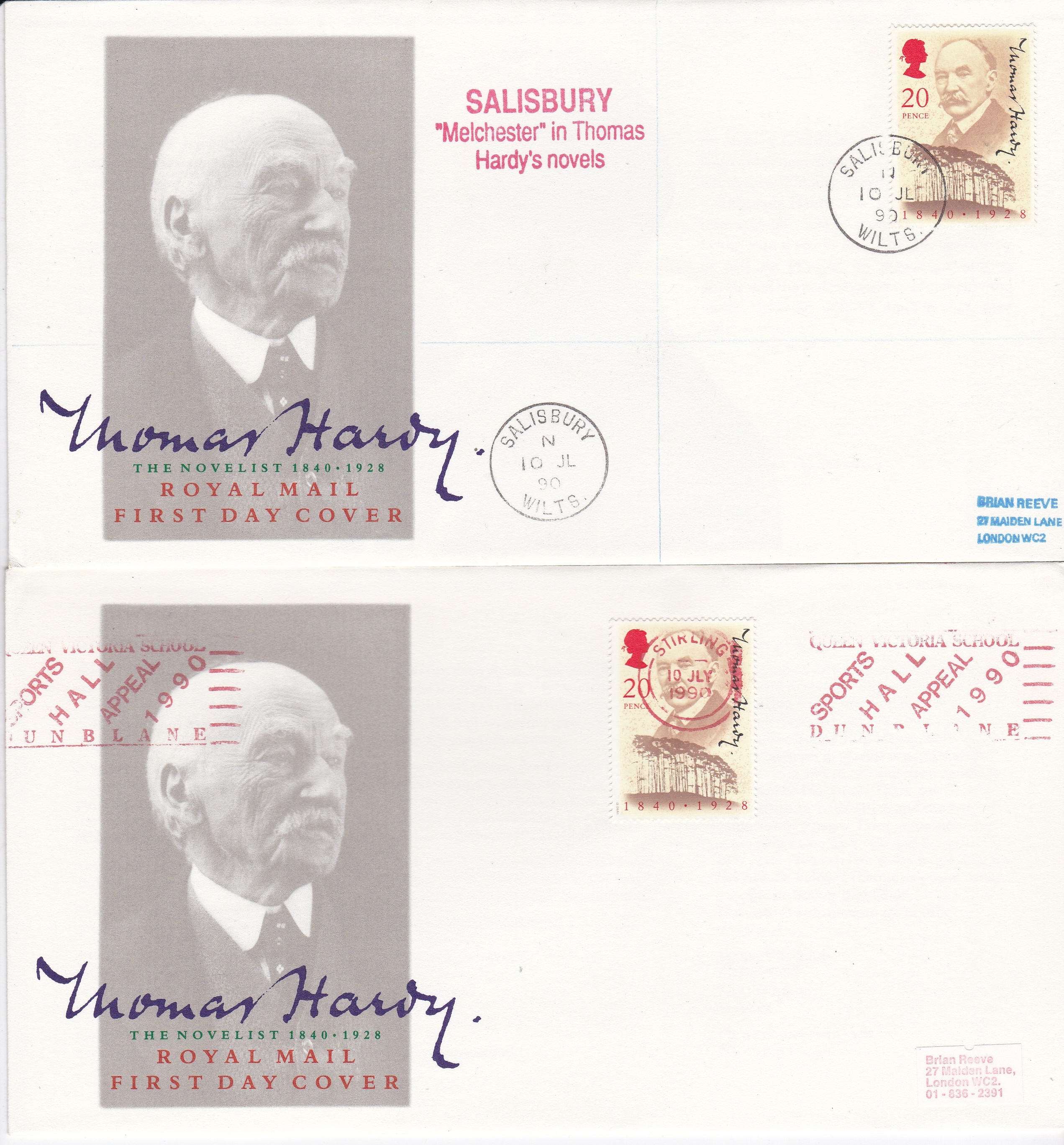 Great Britain FDC 1990 (10 July) Thomas Hardy FDC's, Manchester cds and Stirling Sports Hall