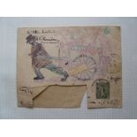 France 1918 hand drawn illustrated envelope 'LATIN QUARTER 1886' - address clipped, signed