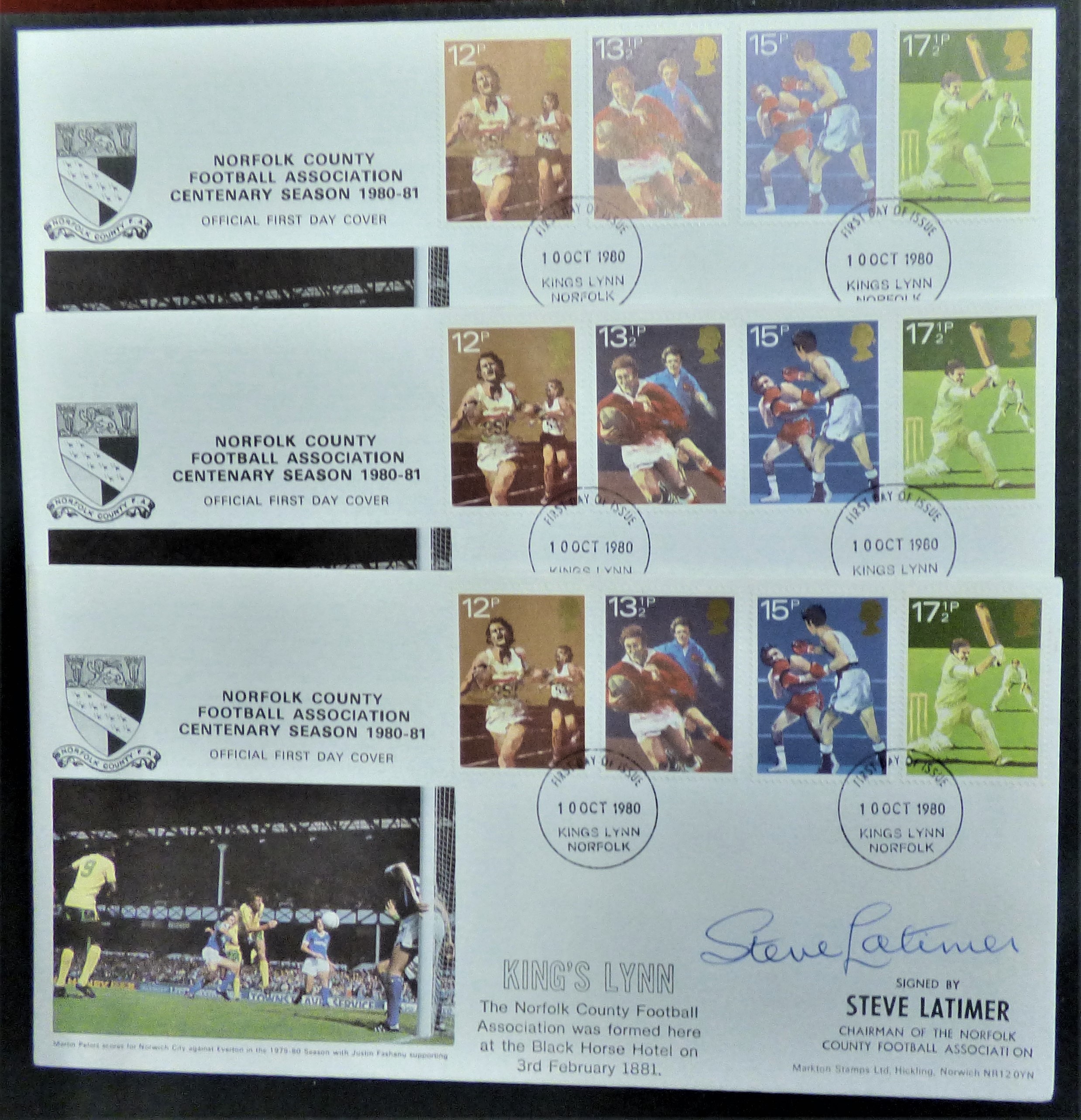 Great Britain FDC's 1980 Sports set o9n Norfolk County Football Association Centenary signed