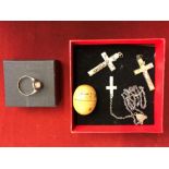 Two Crosses with mother of pearl facings and a rosary housed in small treen egg and A Pearl and