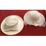 Pair of ladies white wide brim smart summer hats with bows