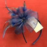 Ladies vintage small blue feather fascinator headband fitting hair accessory for wedding or the