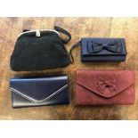 Four ladies bags comprising 3 clutch bags and one black suede effect handbag