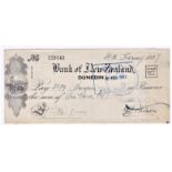 Bank of New Zealand Dunedin Branch, 1937 used, order, black on grey Maurii vignette at left