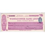 Westminster Bank Limited North Finchley Branch 1928 used cheque. Blue Oval 2d, Address 780 High Road