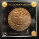 USA Medallion (Norwack Conn) 50mm Bronze medallion Norwack 1651-1951 300th Anniversary Bronze Cased