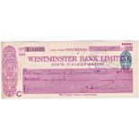 Westminster Bank Limited North Finchley Branch 1928 used cheque. Blue Oval 2d, Address High Street