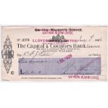 Capital & Counties Bank Limited, 1926 cheque, bearer, On His Majesty's Service deleted by red