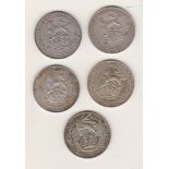 GB Shillings King George V 1914, 1916, 1918, 1925 & 1928 VF to GVF (5)