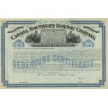 Canada Southern Railway 1870 Debenture Certificate. Fine allegorical figures each aside map of a
