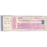 Westminster Bank Limited 1930 Malton branch, used cheque book with counterfoil. Pink on cream,