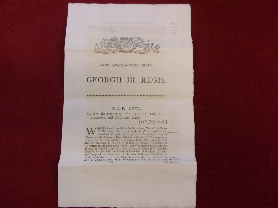 George III Parliamentary Act relating to the Military, 21st July 1806 - An act regulating the Rank