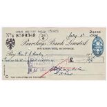 Barclays Bank Limited, Saffron Walden, 1949, used bearer, 2d blue, Long Melford Parish Council,