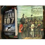 Box of Military theme books; Lancaster at War 3, 2 and The Lancaster at War Vulcan 607 paperback,