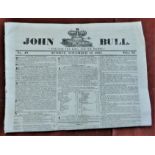 1821 John Bull Newspaper (Sun Nov 18) No 49. Superb with tax stamp. It lists the new music, theatre,
