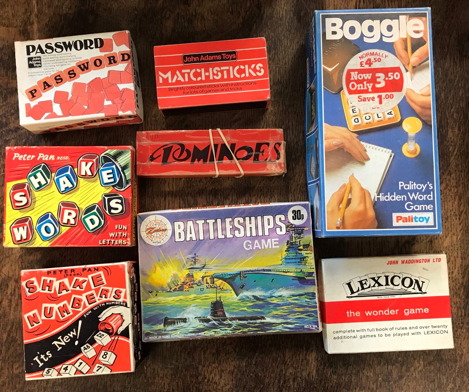 Vintage Games including Password, Dominoes, John Adams Matchsticks, Boggle, Lexicon, Peter Pan Shake