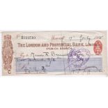 London and Provincial Bank Limited Ipswich Branch RO 14.8.12, used 1918, bearer, brown on white,