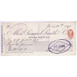 Samuel Smith & Co., Bankers Nottingham 1891, used RO, Plum on white, red oval 1d