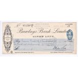 Barclays Bank Limited 1933 cheque, used, Gurney's Bank Vignette, BO 2d, S W Miles, Land Agent &