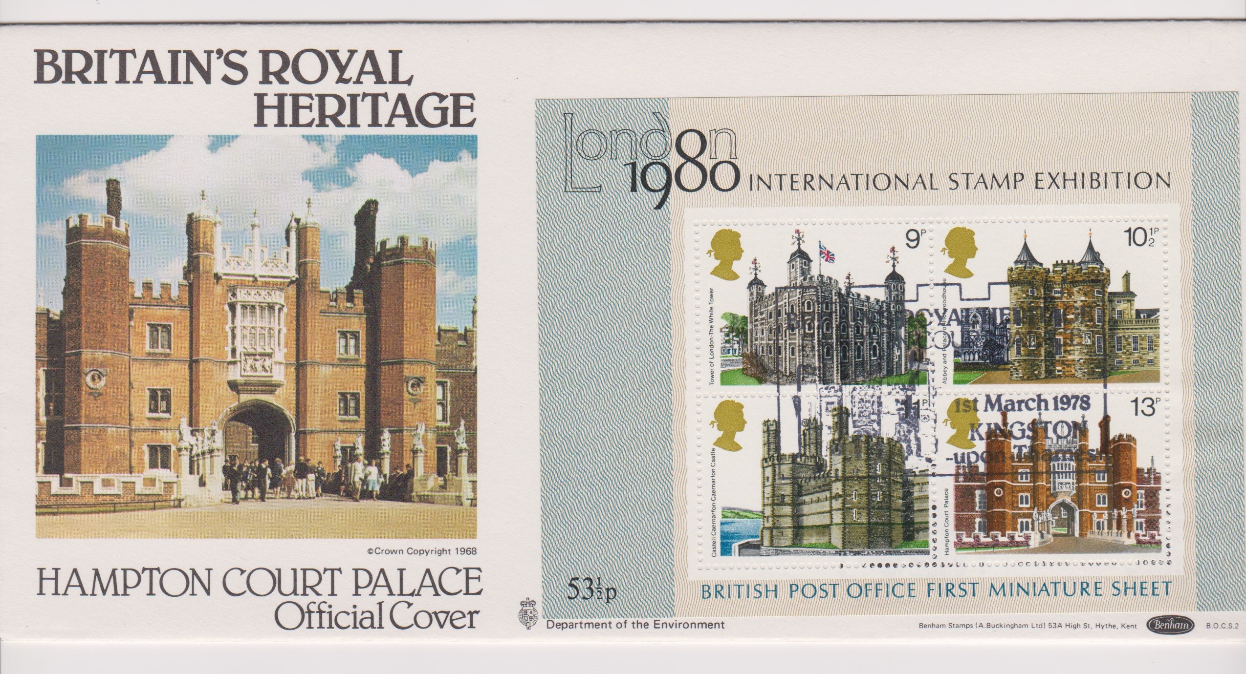 1978 (1 March) Historic Buildings Min Sheet on Hampton Court Palace Official Cover and H/S Benham
