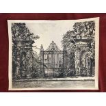 Antique Etching by William Monk depicting the grand entrance and gates of a stately home, 1901 Monk.