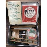 Vintage fly fishing gear, assortment of fishing tackle in a box contains weights, swivels, leads