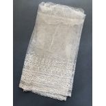 Late Victorian/Edwardian ecru cotton fine net machine lace embroidered border, 145cm x 34 cm, some