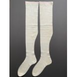 Victorian fine cotton fully fashioned knitted Stockings, with 'M' Monogram, pointelle detail and Red