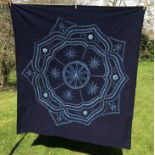 57” x 62” finished edge shibori pattern indigo cloth. unused good quality cotton, hand dyed indigo