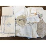 Vintage textiles collection includes: Mixed lot of five tray cloths & 2 chairback covers, 1940/