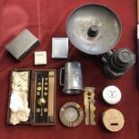 Box of interesting metalware including: A vintage set of weighing scales with weights up to 2lbs (