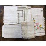 Vintage textiles collection includes: Beautiful fine linen pieces, runner 96x26cm and 2 mats, 84cm