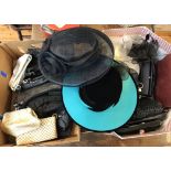 Large quantity of hats, fascinators and handbags in a Hat Box. Includes 10+ ladies handbags black,
