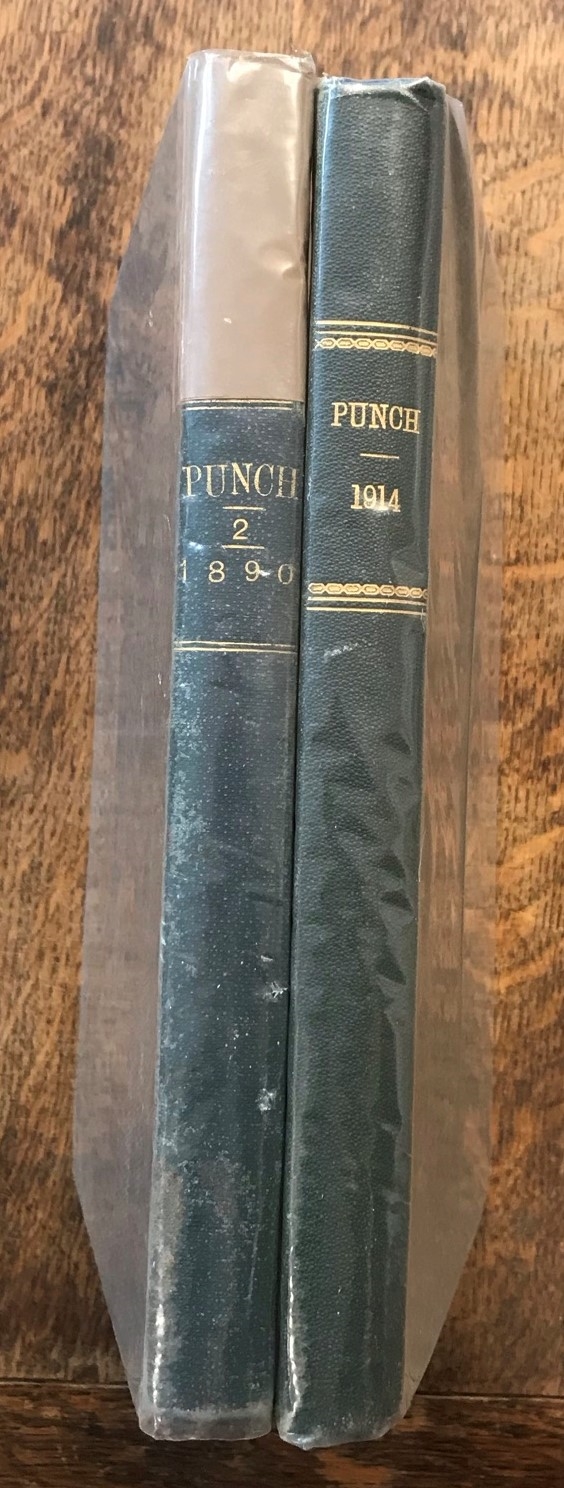 Punch Vol 147 CXLVII (Sept-Dec) 1914 and Punch Vol 99 1890 XCIX (2nd volume Jul-Dec) brown tape over - Image 4 of 4