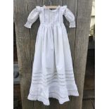 Handsewn Victorian Christening gown, fine cotton with bodice panels of embroidered cutwork and