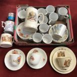Box of vintage China including a Coronation Mug, Coronation cups and saucers and 2 coffee sets
