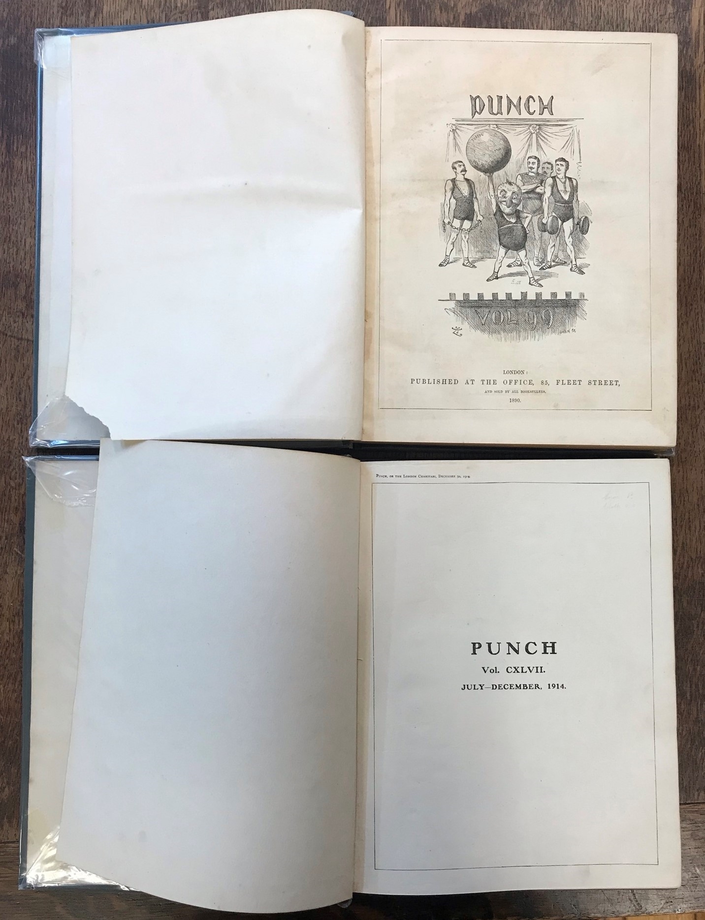 Punch Vol 147 CXLVII (Sept-Dec) 1914 and Punch Vol 99 1890 XCIX (2nd volume Jul-Dec) brown tape over - Image 3 of 4