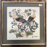Jim Thompson fabric framed silk panel with exotic birds in a magnolia tree picture 51cm x 51cm ready