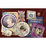 A box of Royalty memorabilia including Queen Elizabeth 80th birthday plate (Norfolk China), Royal