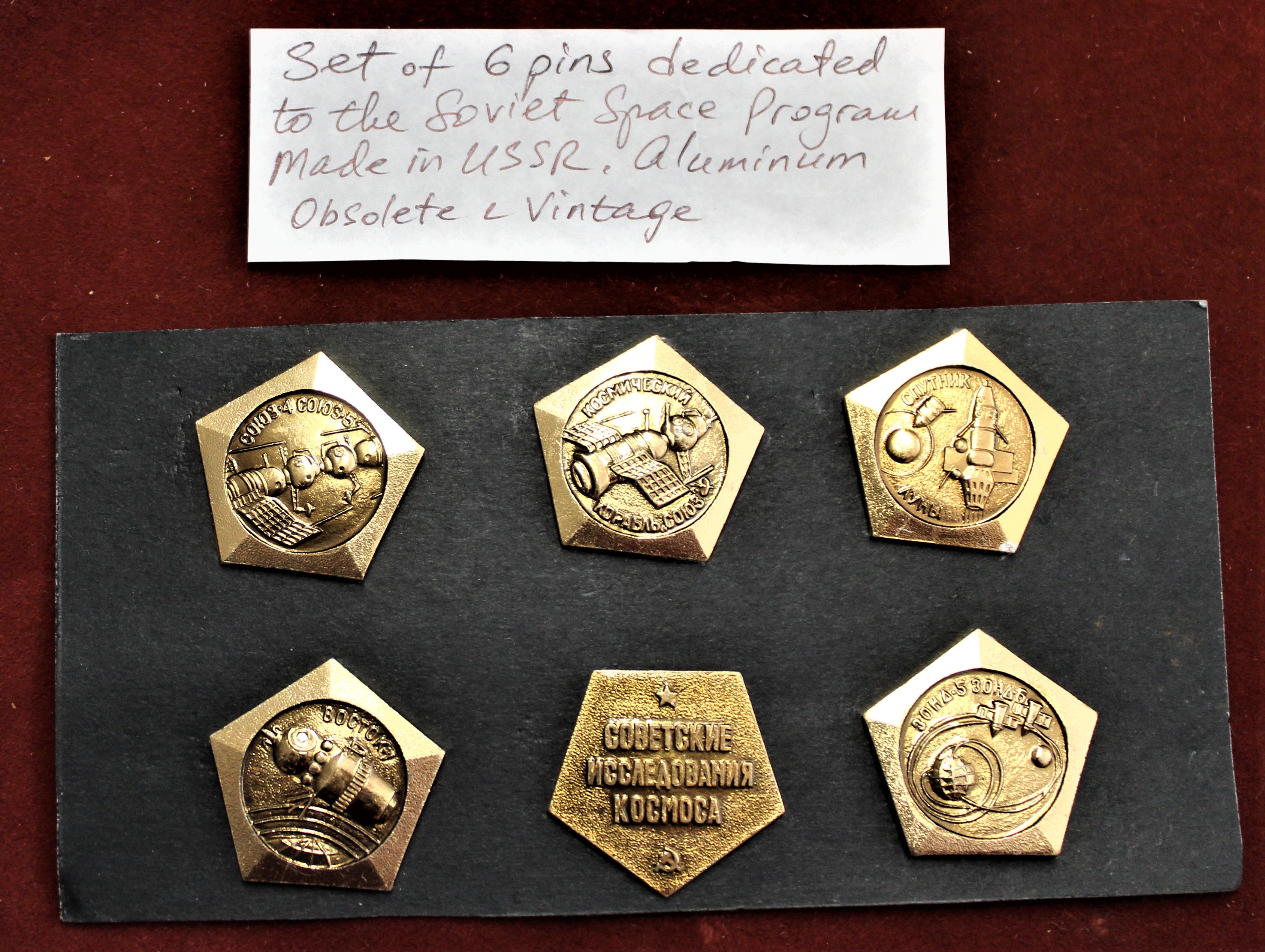 Russian Soviet set of six pins dedicated to the Soviet Space Program, they show the various types of