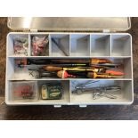 An EFGEE Co vintage fishing tackle box, plastic, containing vintage floats late 50s early 60s,