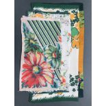 4 x 1930's/40's floral hankies, mixed silk and rayon, shades of green, yellow and red.