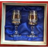 Boxed pair of EIIR Silver Jubilee Glasses 1977 Elizabeth II sherry or liqueur glasses (ht 11cm)
