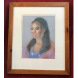 Attractive colour pastel portrait of a lady in a pink shawl, nicely framed in wooden frame and ready