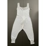 Victorian fine cotton jersey Long Johns with Crochet Bodice, ribbon ties to armholes and neck.