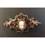 Victorian Mourning Brooch (continental) brass with cameo shell (5cm diameter)