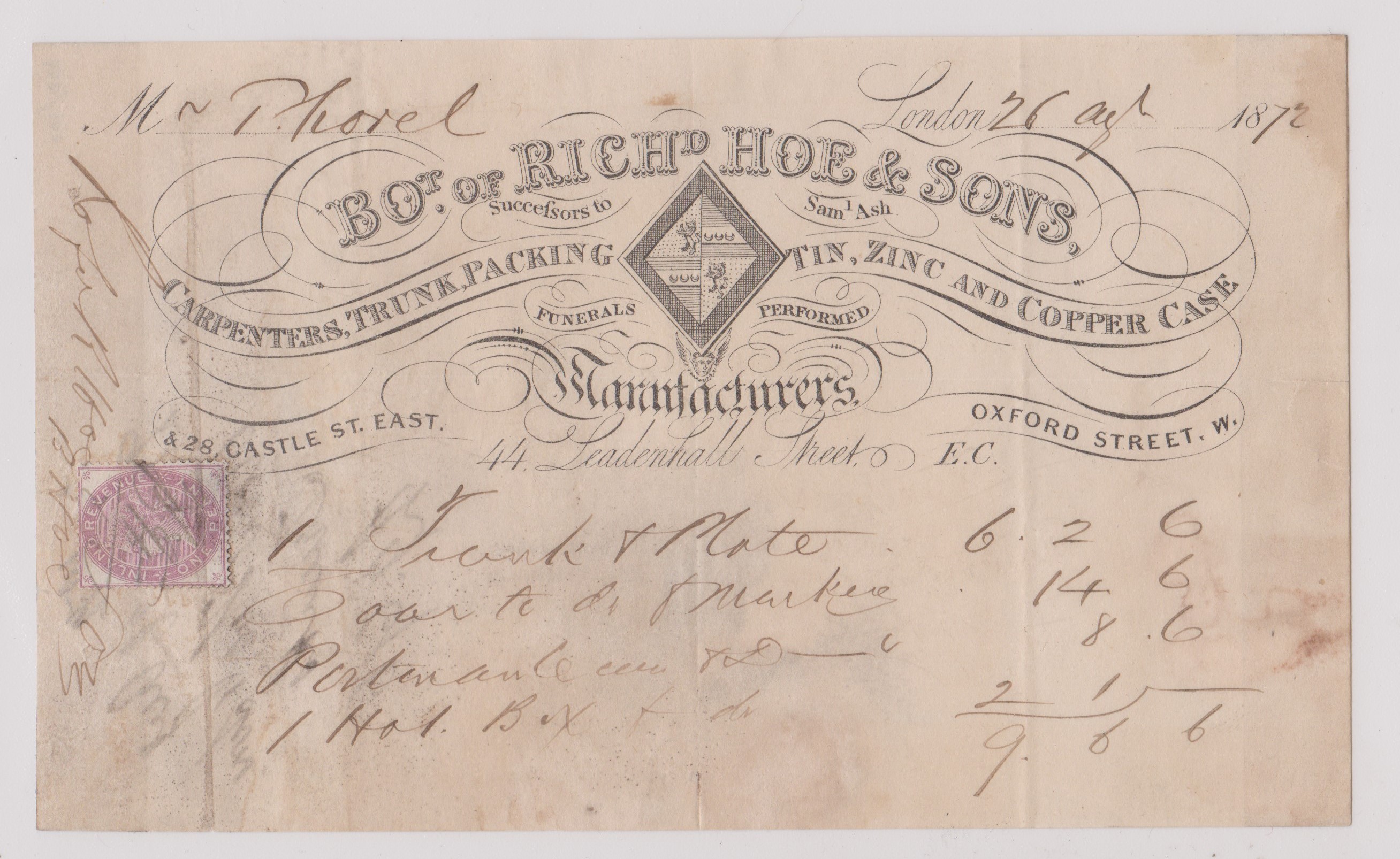 1872 Engraved invoice, Richard Hoe & Sons, Oxford Street, Manufacturers, Carpenters, Trunk, Packing,