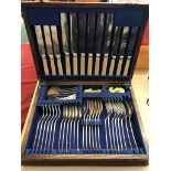 Canteen Of Cutlery in an pine box, 14 piece Fish knife and fork set in silver plate