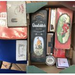 Collection of vintage metal tins and boxes including East West Home's Best vintage biscuit tin 1950s