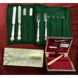 1930s Silver plates Cutlery in a green felt roll made T.W. & Co., with Silver plated cake serving